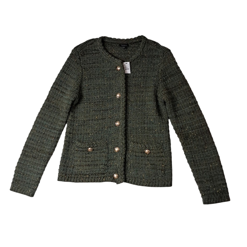 NWT Talbots Tuck Stitch Crewneck Cardigan Jacket Womens Small Green Preppy Work